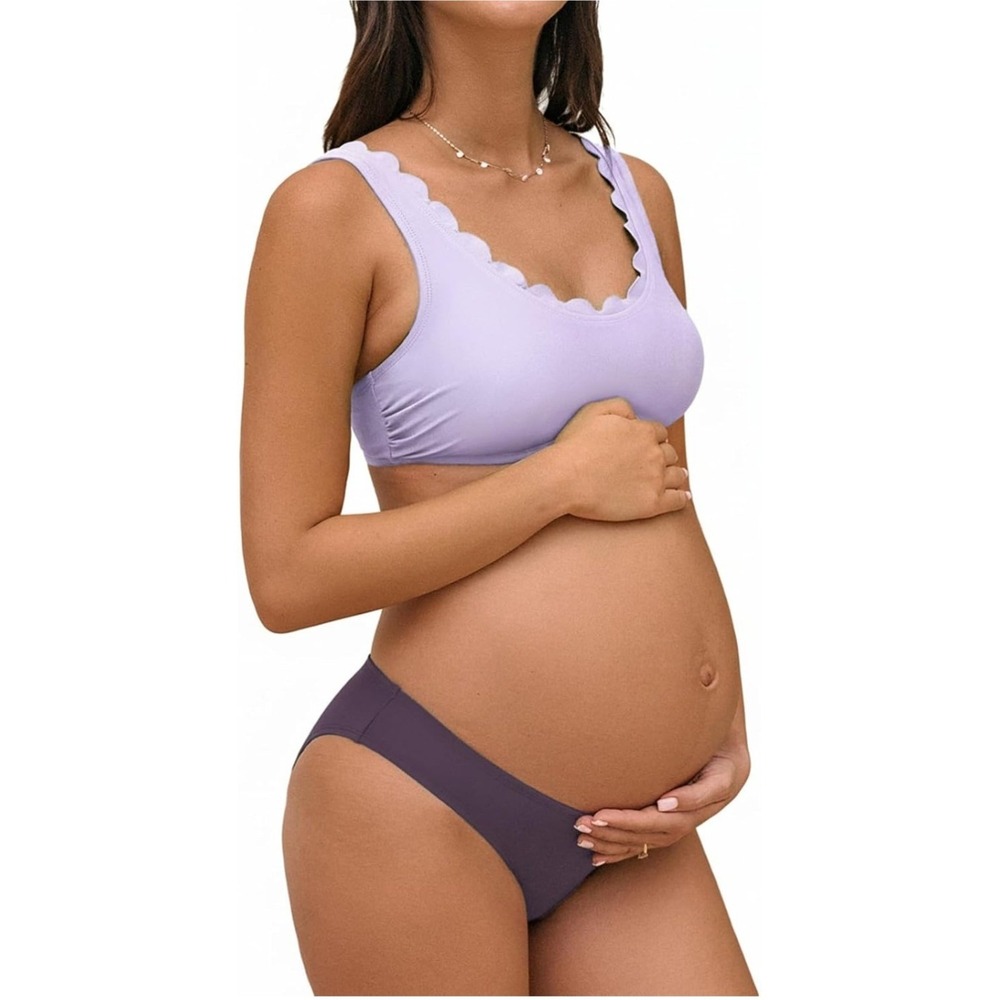 Cupshe Women Maternity Bikini Set L Purple Nylon Scalloped V-Neck Swimsuit